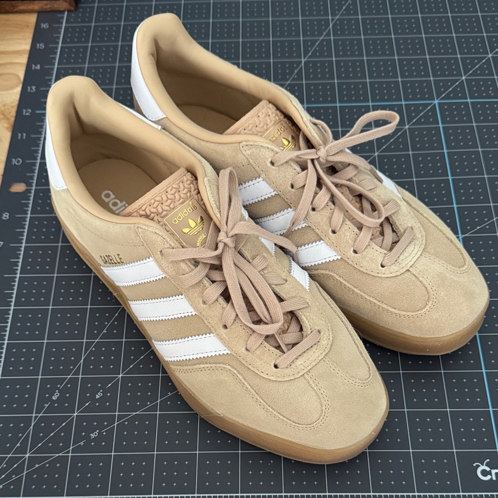adidas Samba Suede Athletic Shoes in Tan with White Stripes